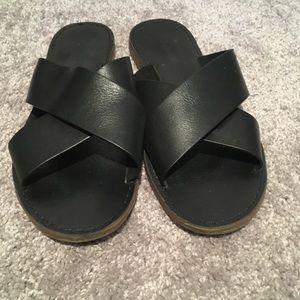 MADEWELL Black Leather Criss Cross Slide Sandals